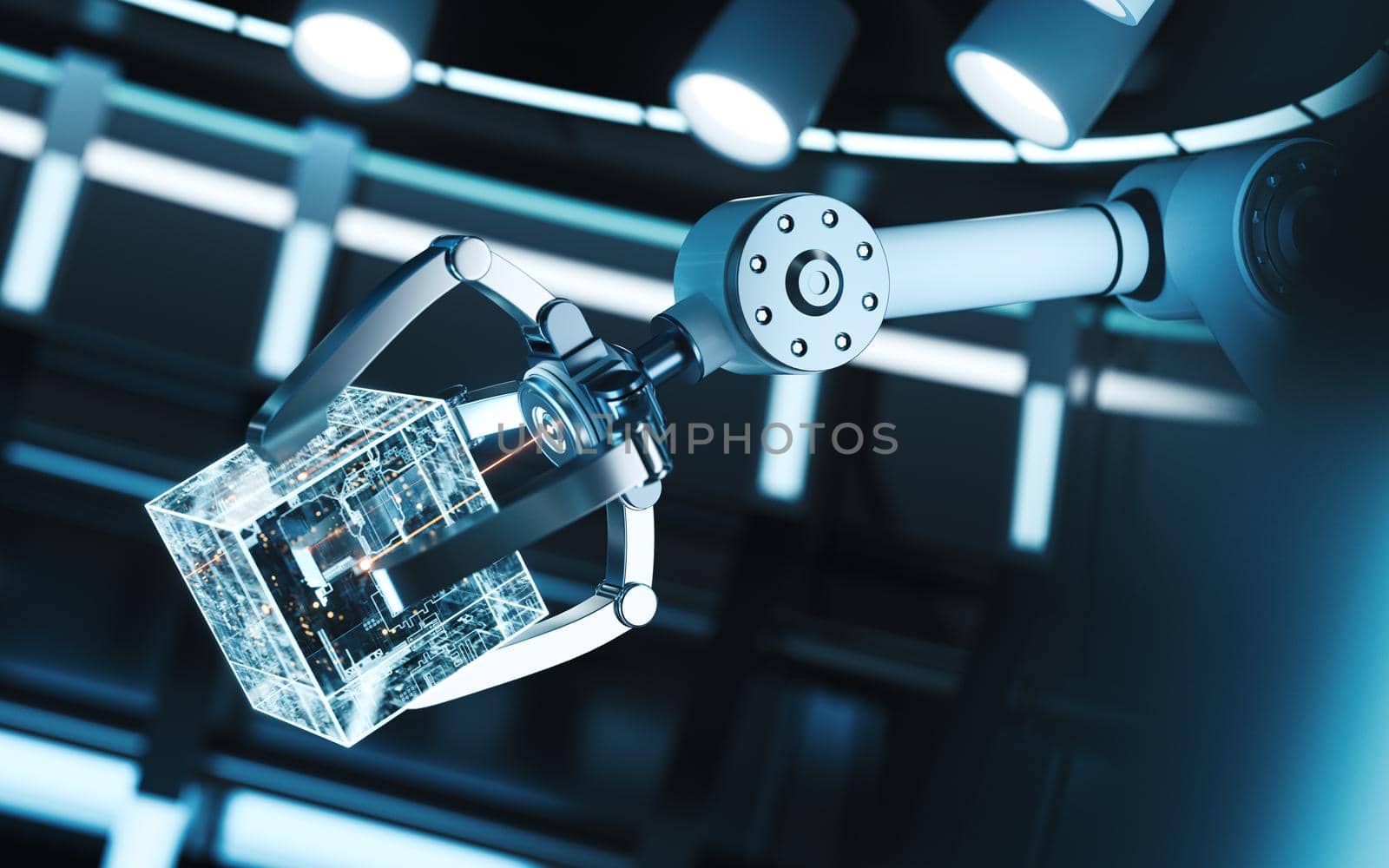 Mechanical arm and cube in a round room, 3d rendering. by vinkfan