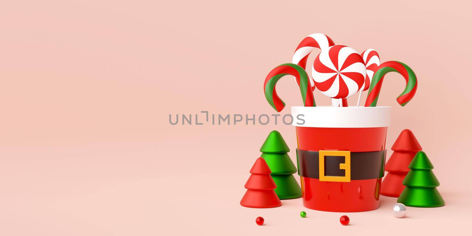 Christmas banner of candy cane in Santa cup, 3d illustration by nutzchotwarut