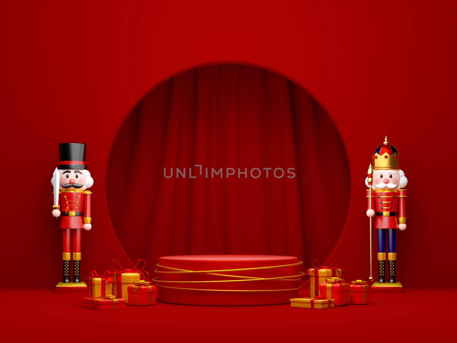 Christmas theme of geometric podium for product with nutcracker, 3d illustration by nutzchotwarut