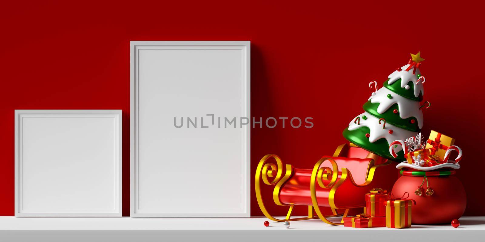 3d illustration of 2 photo frames mockup with sleigh and Christmas bag 