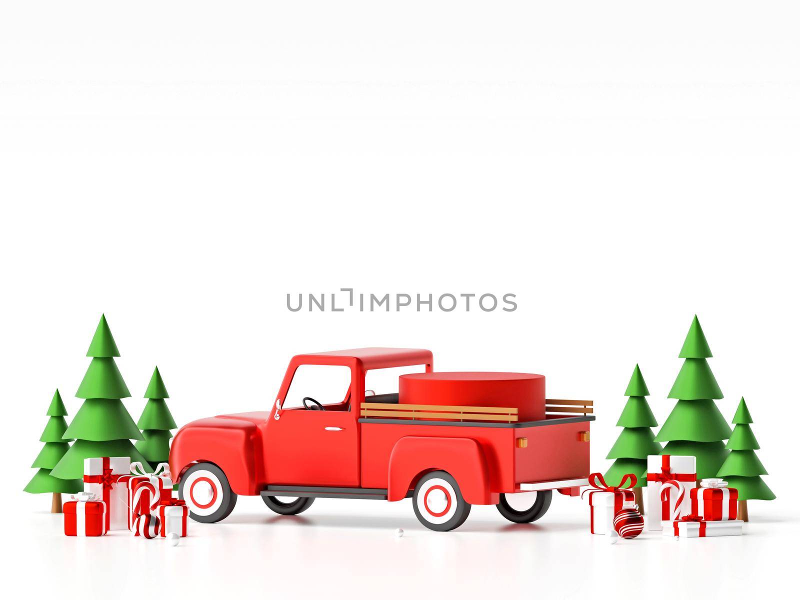 Geometric podium on Christmas car with Christmas gift for product advertisement, 3d illustration by nutzchotwarut