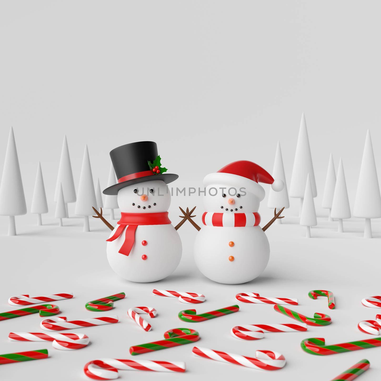 Snowman in pine forest with candy cane on snow ground, 3d illustration by nutzchotwarut