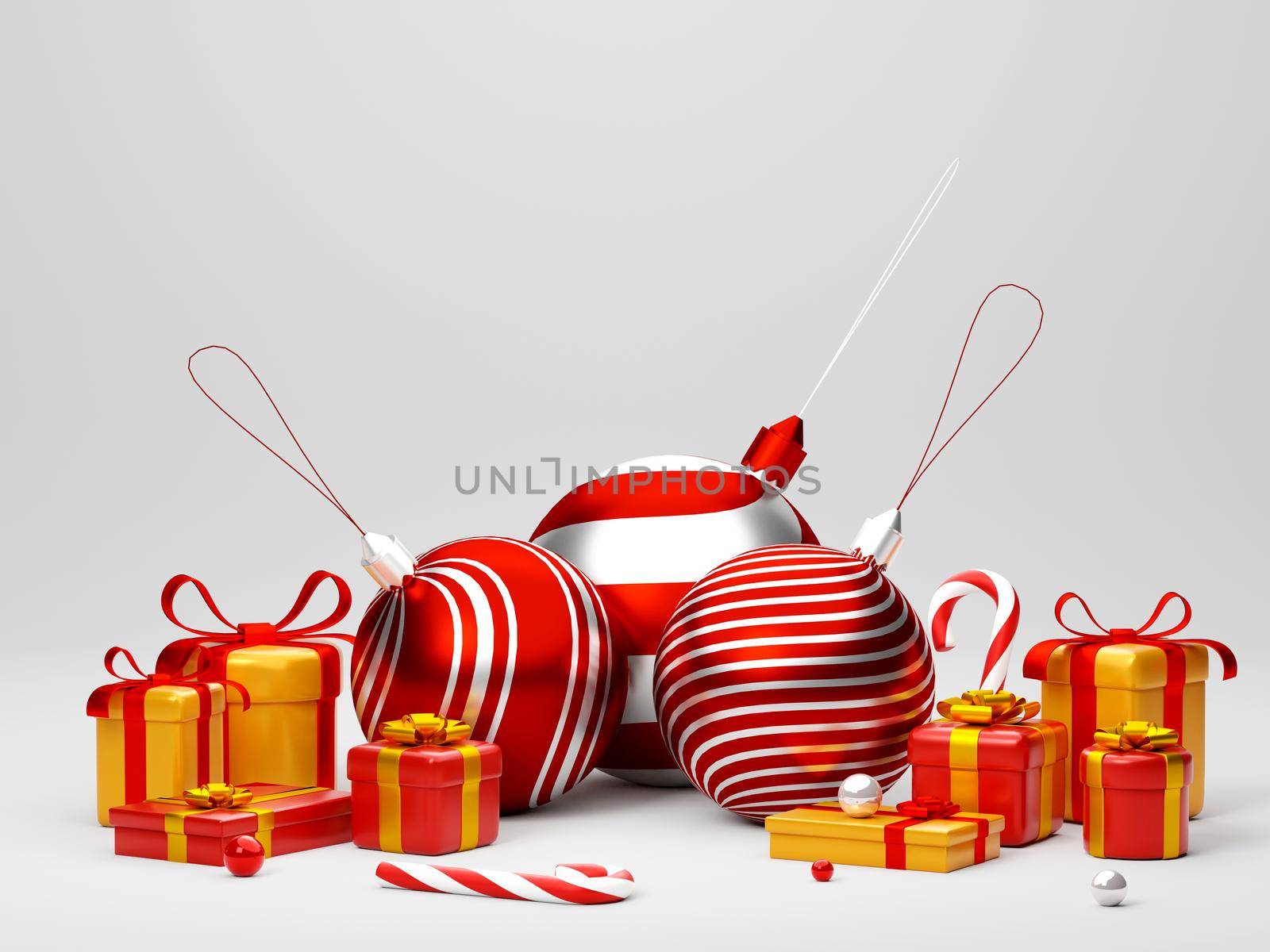 3d illustration of Christmas ball and gift box on white background by nutzchotwarut