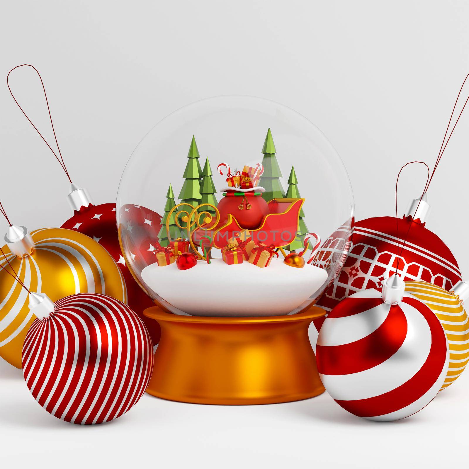 Gift bag on sleigh in Christmas globe with Christmas ball, 3d illustration by nutzchotwarut