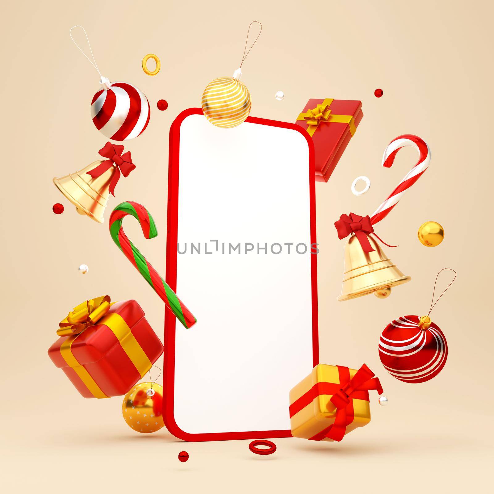 Christmas theme of smartphone with Christmas ornaments, 3d illustration by nutzchotwarut