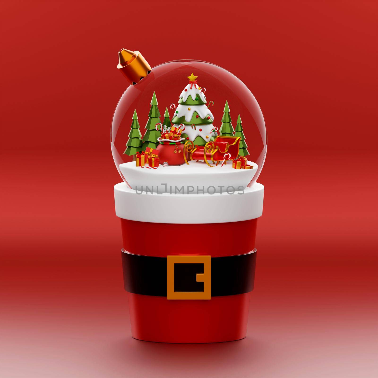 Christmas globe on a Santa cup on red background, 3d illustration by nutzchotwarut