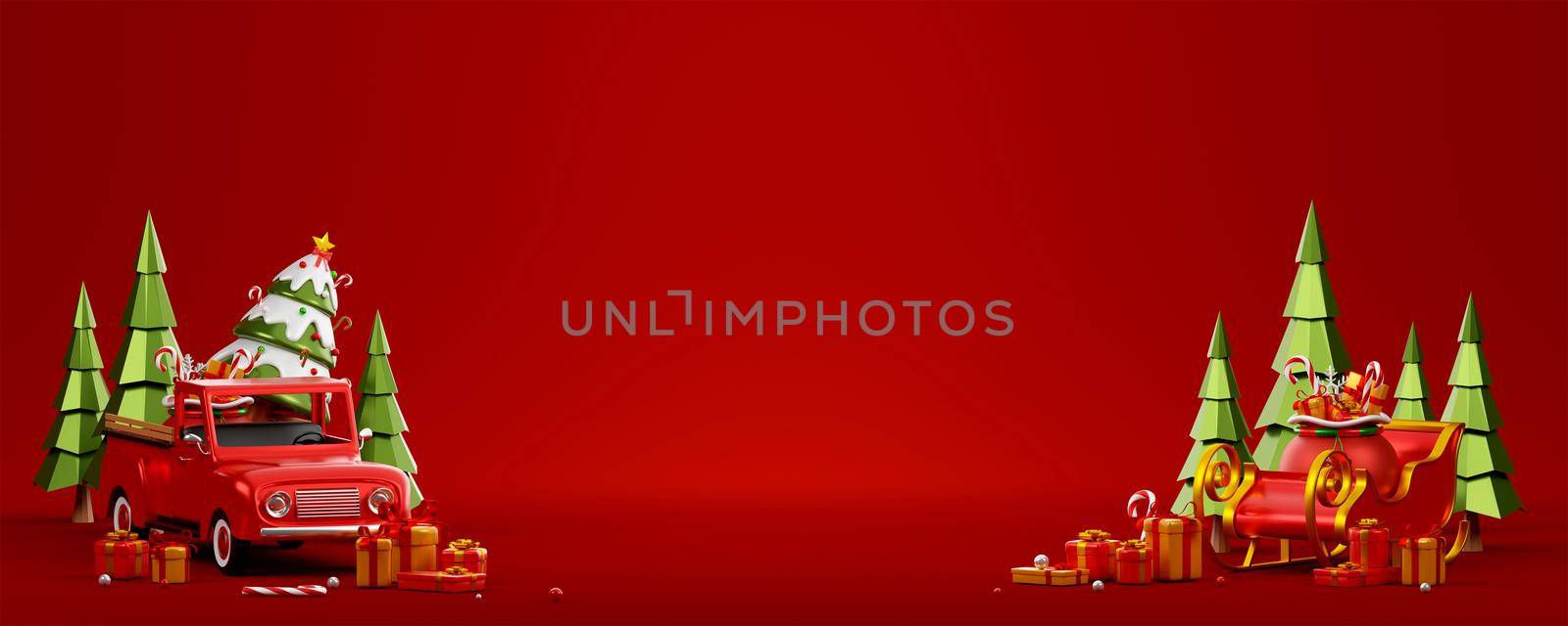 3d illustration Christmas banner of  Christmas truck and sleigh on red background