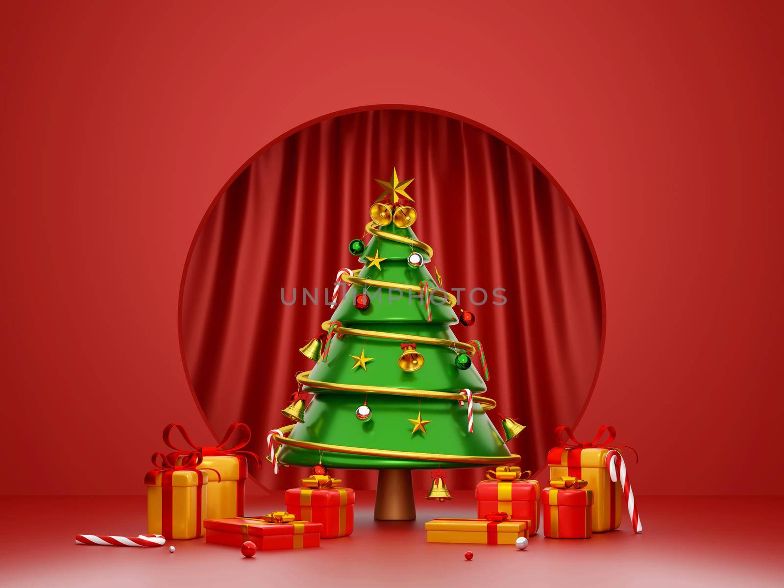 Scene of Christmas tree and gift box with red curtain background by nutzchotwarut