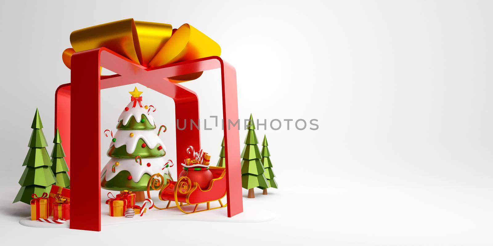 Christmas banner of Christmas tree, sleigh and gift box within big gift box, 3d illustration by nutzchotwarut
