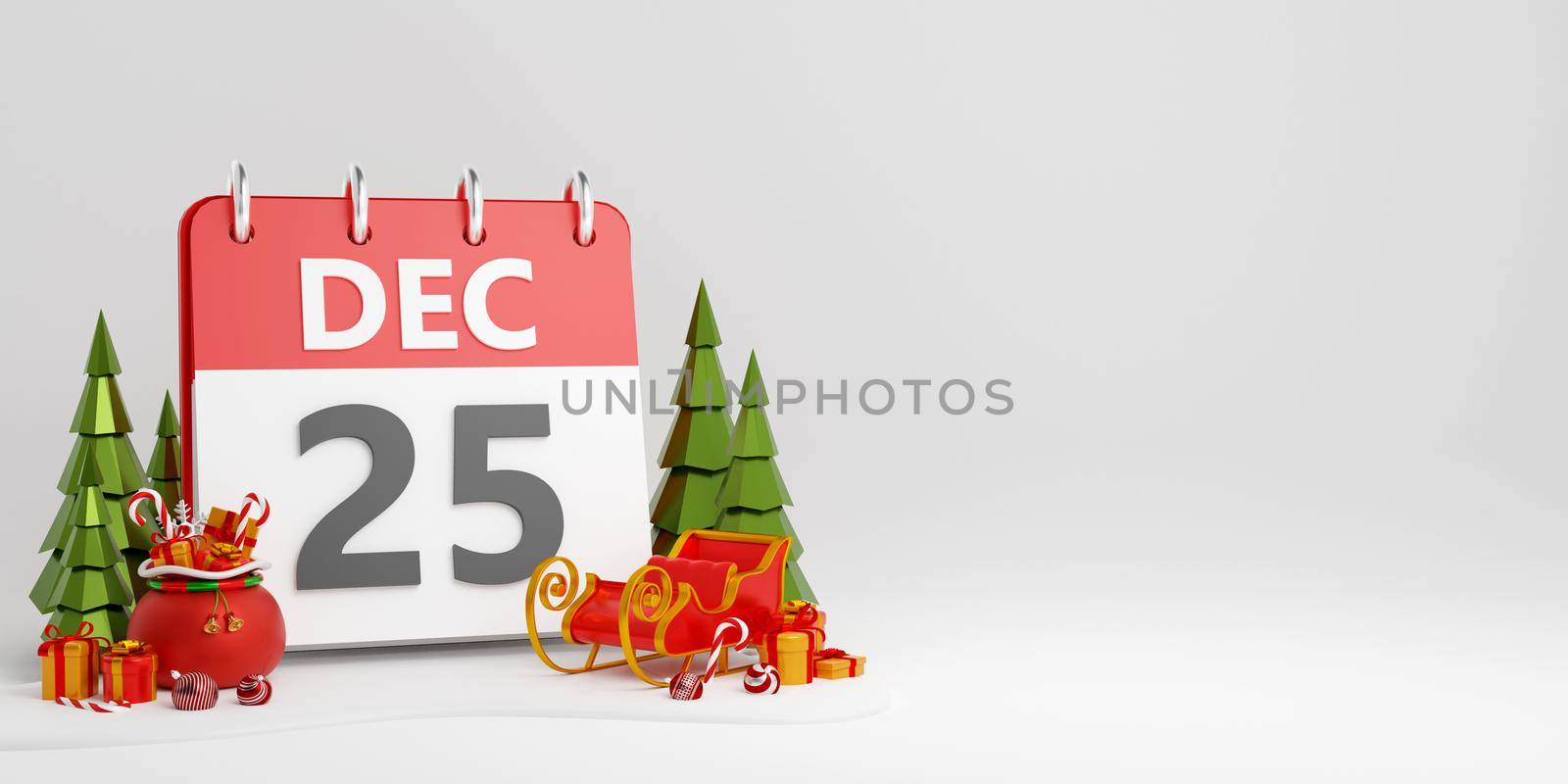Christmas banner of calendar Christmas day with decoration, 3d illustration