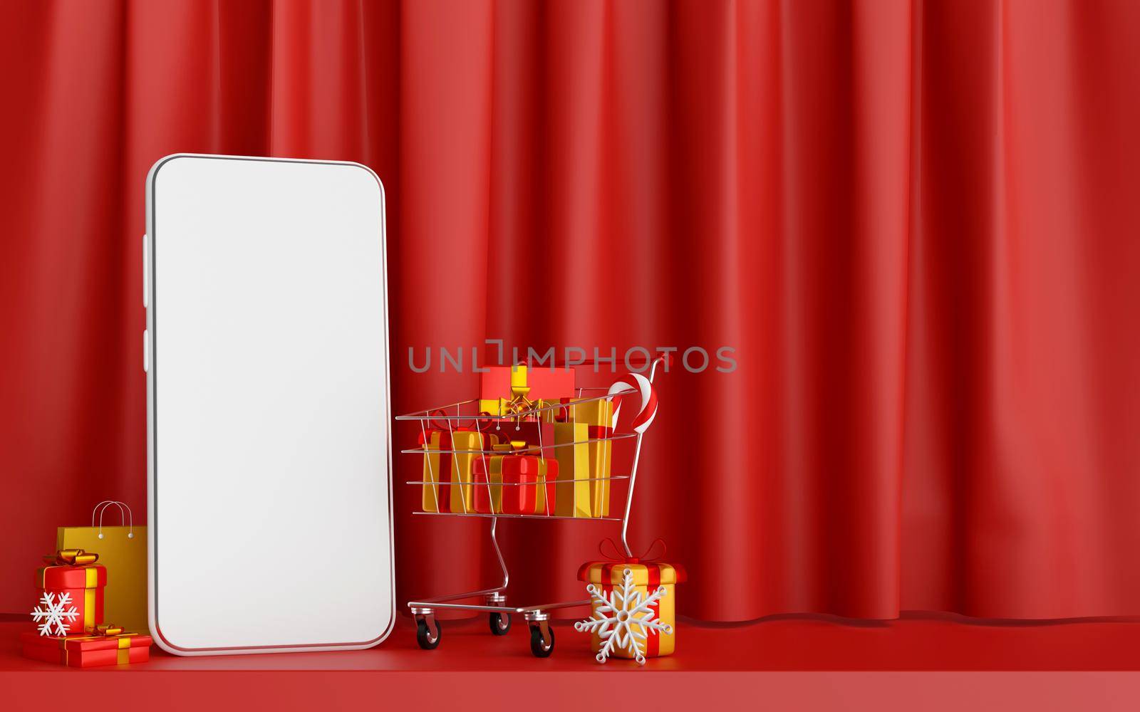 Christmas poster of Christmas shopping online on smartphone concept, 3d illustration by nutzchotwarut