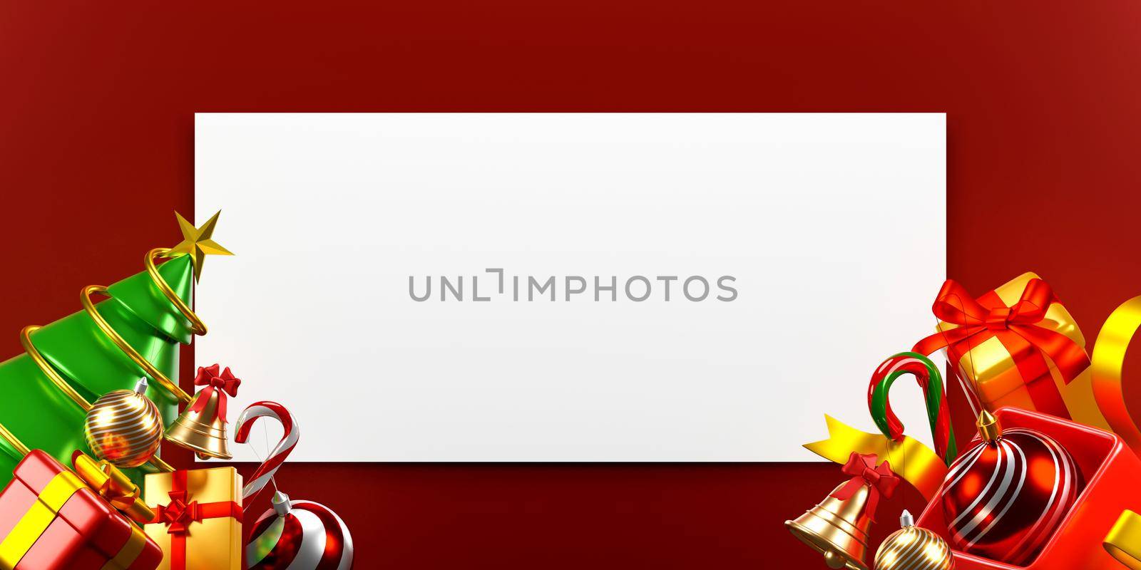White paper mockup on red background with Christmas ornaments, 3d illustration by nutzchotwarut