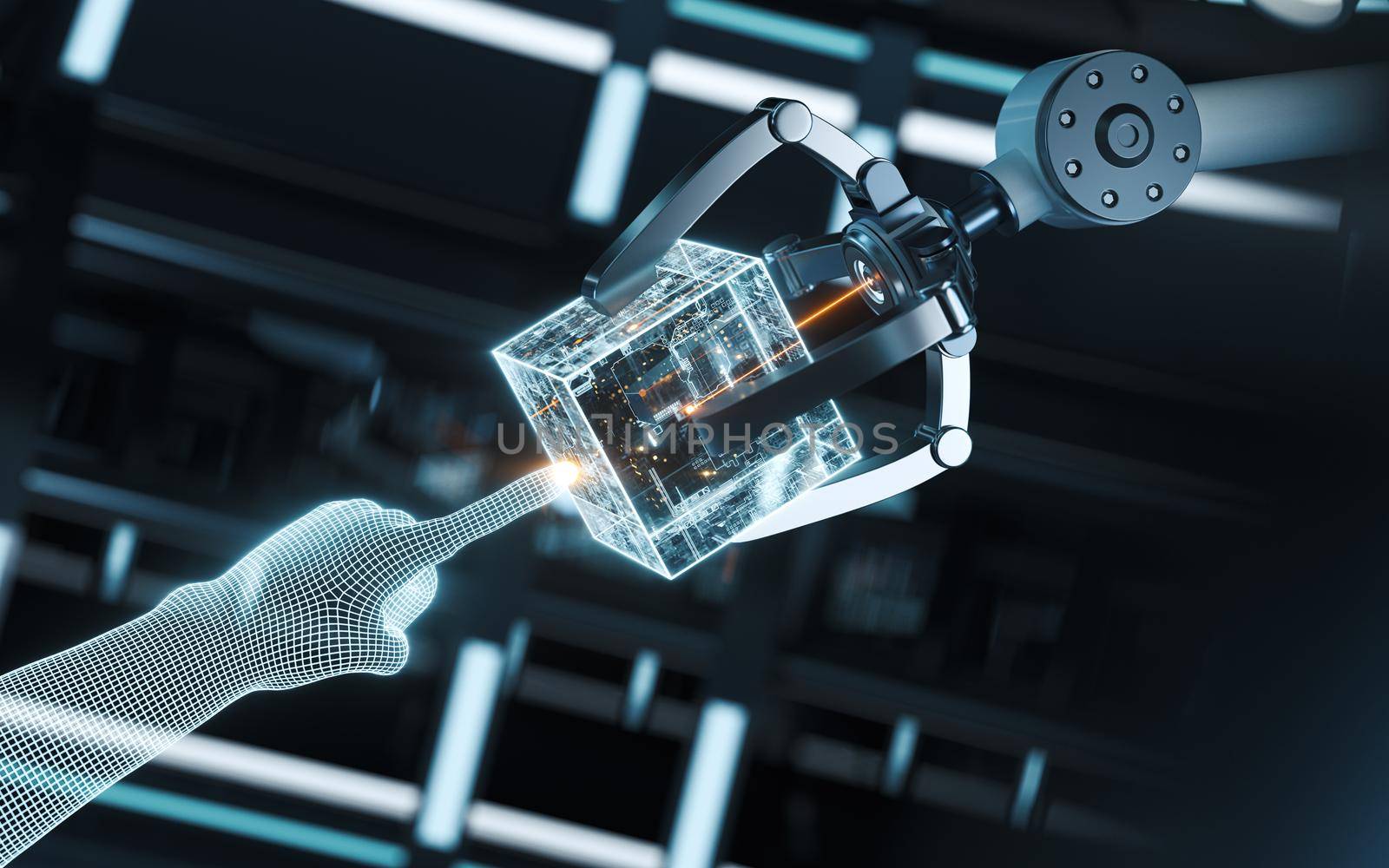 Robotic arm and smart finger, 3d rendering. by vinkfan