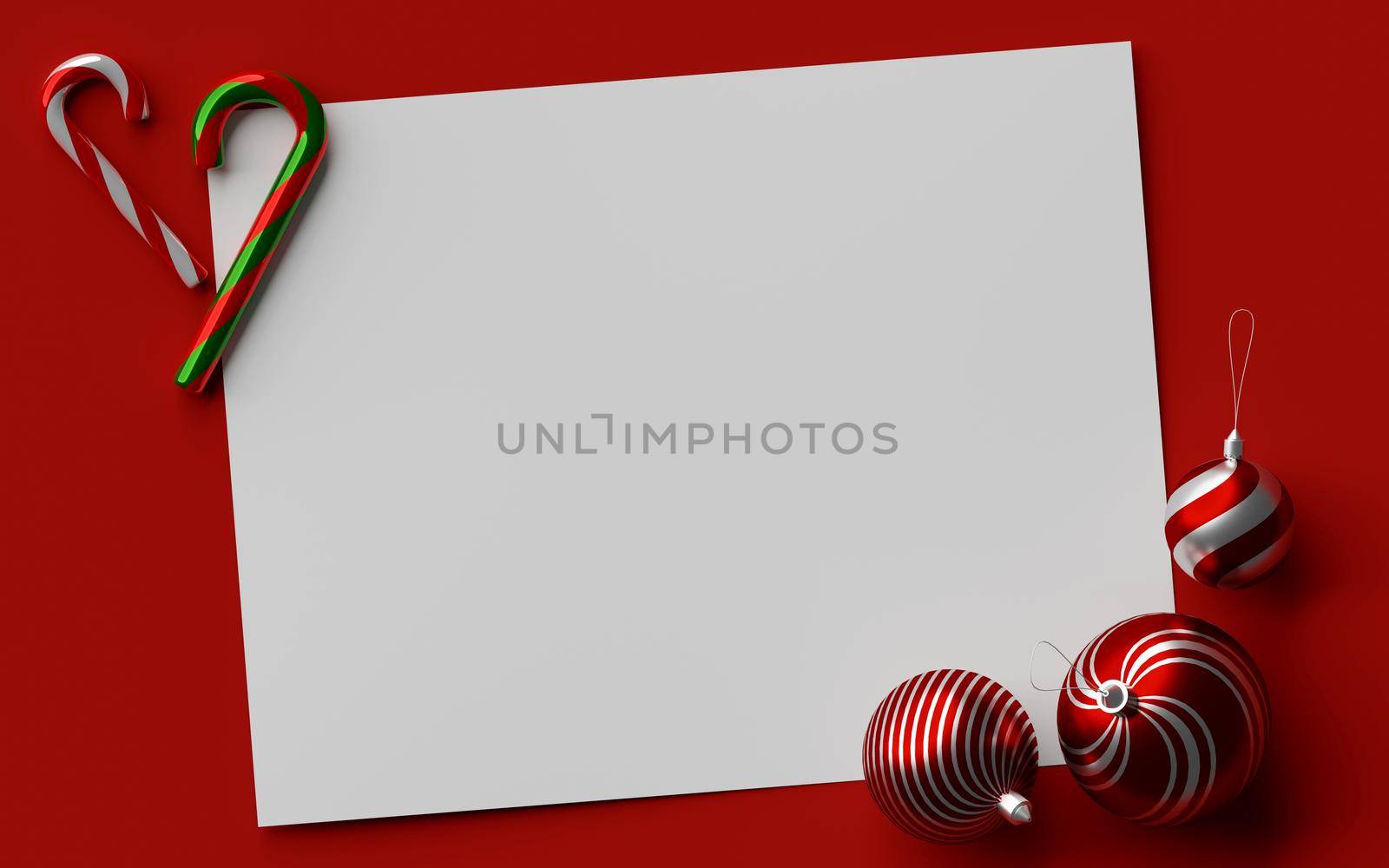 White paper mockup on red background with Christmas ornaments, 3d illustration by nutzchotwarut