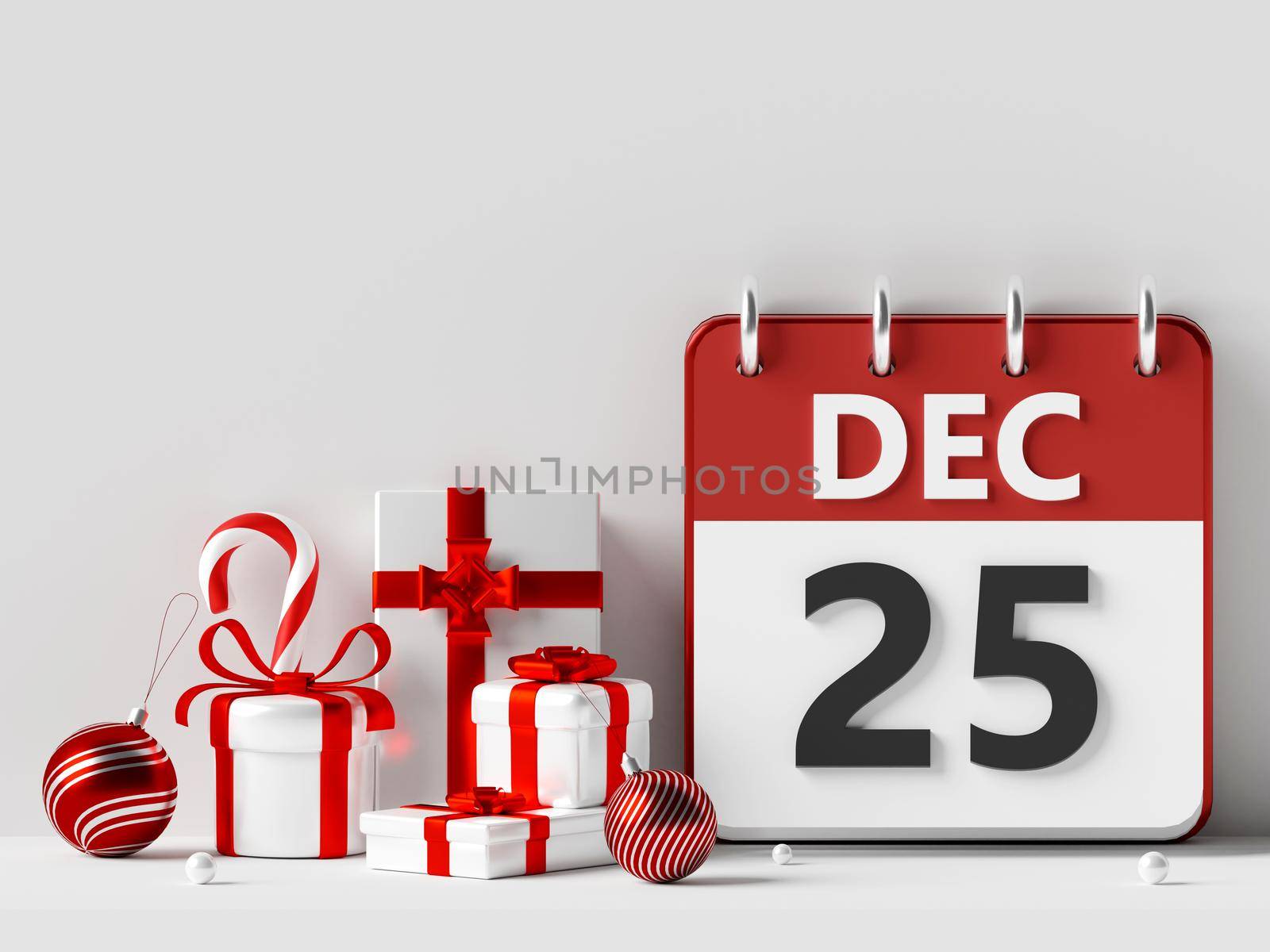 3d illustration of 25 DEC Christmas day on calendarwith gift box