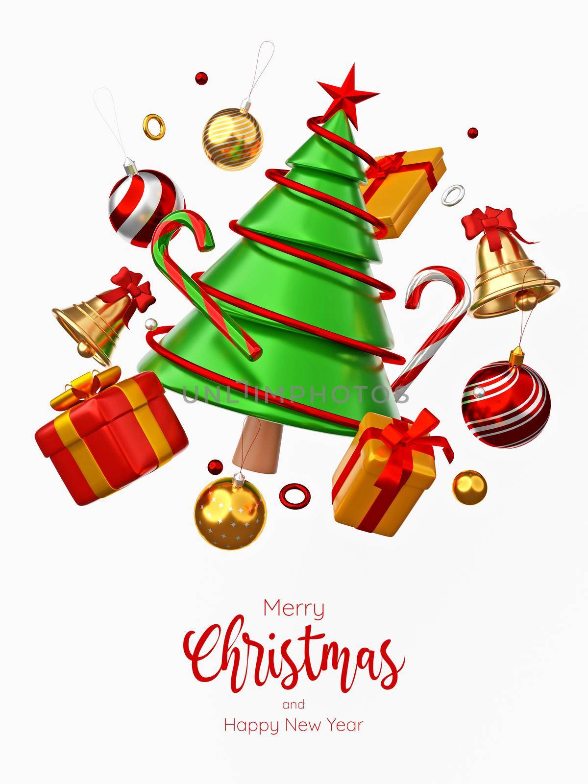 Christmas postcard of Christmas ornaments on white background, 3d illustration