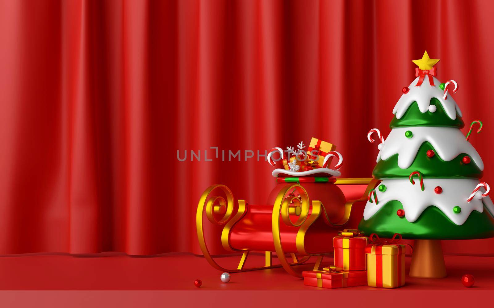 Christmas postcard of Christmas tree and sleigh on red curtain background, 3d illustration by nutzchotwarut