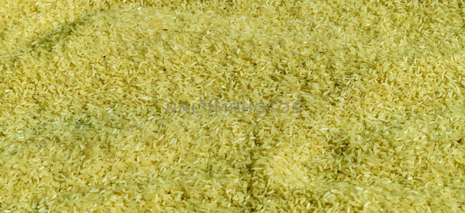 Full Frame Shot Of Rice Grain in Sunlight. Food Background. High Angle view. Flat Lay.