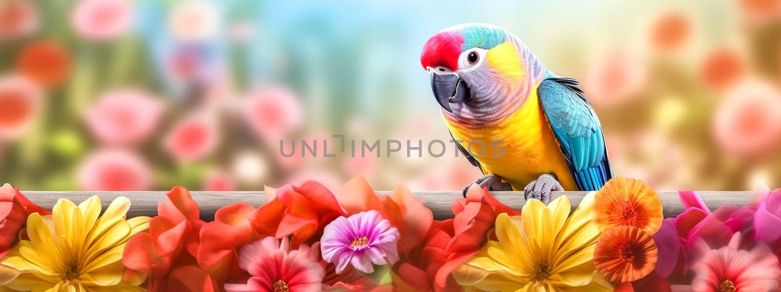 colorful bird on the fence among the flowers, banner made with Generative AI. High quality illustration