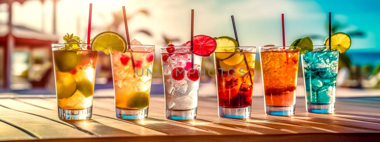different colored lemonades, summer mixed refreshing drink with ice and fruit, banner made with Generative AI by Edophoto