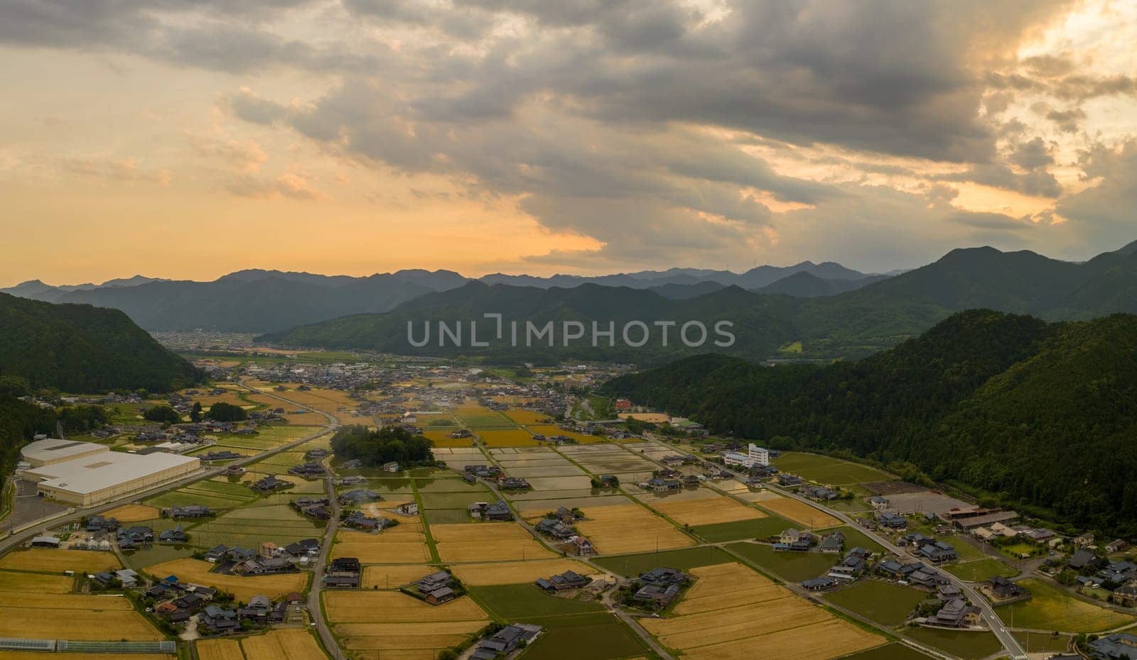 Aerial view of sunset sky over golden wheat fields and rural village by mountains. High quality photo