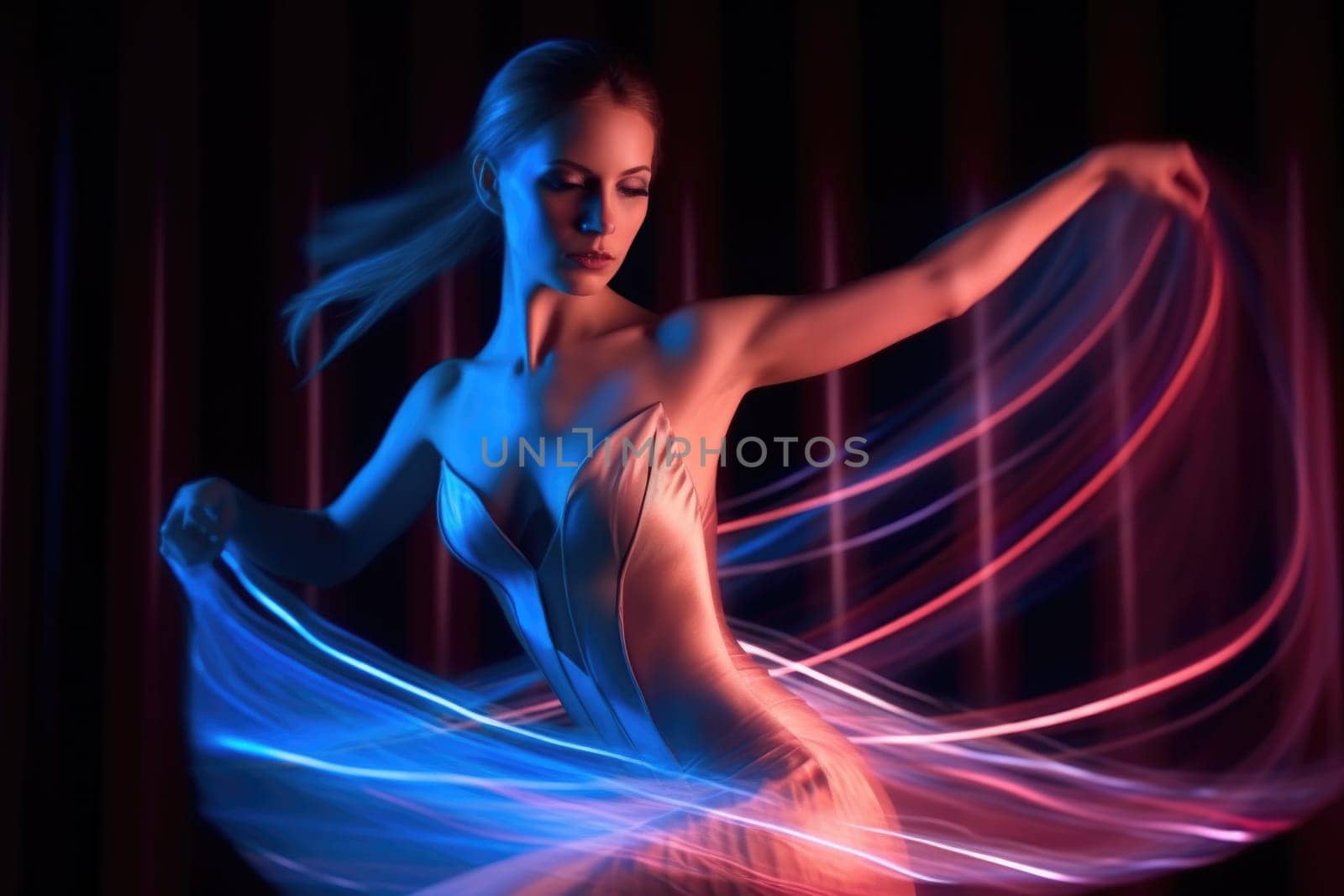 Female ballet dancer with red and blue light trails in motion blur. Generative AI AIG27. by biancoblue