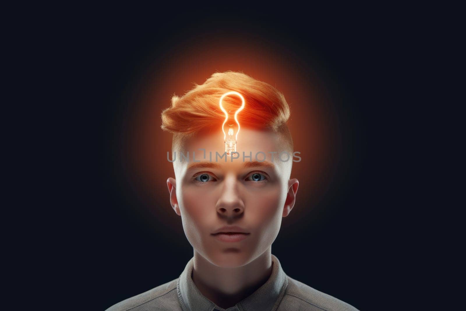bright light bulb floating above of young scandinavian man's head. generative ai AIG32 by biancoblue