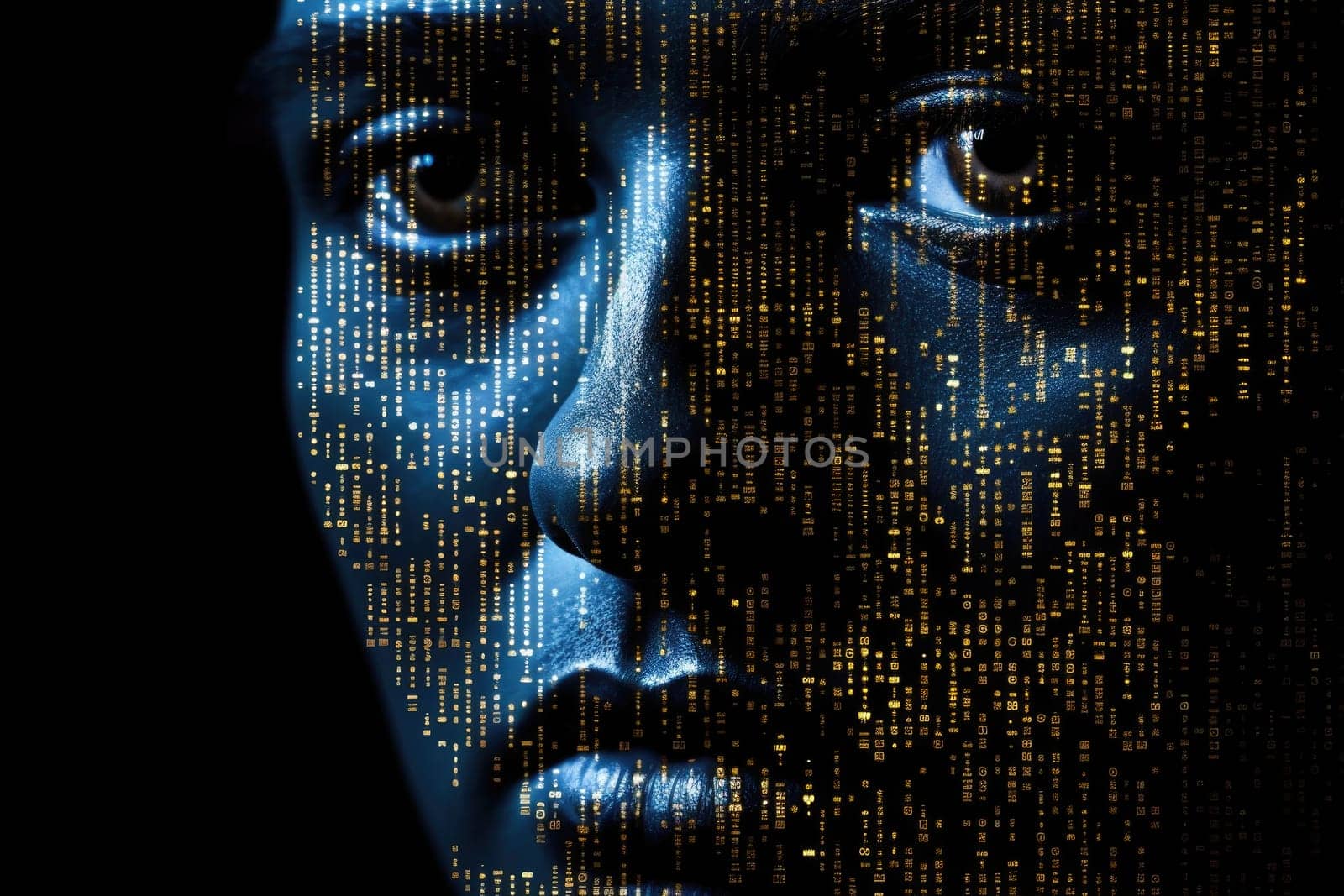 A binary code with human face shape on dark background. Generative AI AIG27. by biancoblue