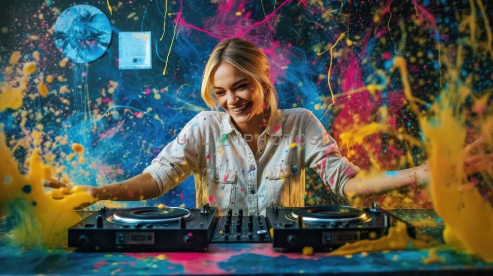 candid an excited DJ young scandinavian woman mixing music at turntables with headphones. generative ai AIG32 by biancoblue