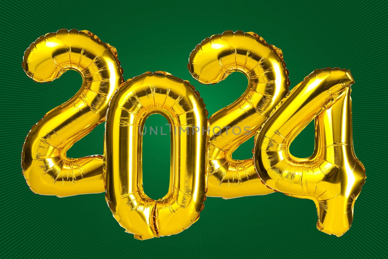 New Year 2024 celebration. Golden Yellow foil color balloons. 2024 balloons. On green background. Party, greeting card, Advertising, Anniversary.