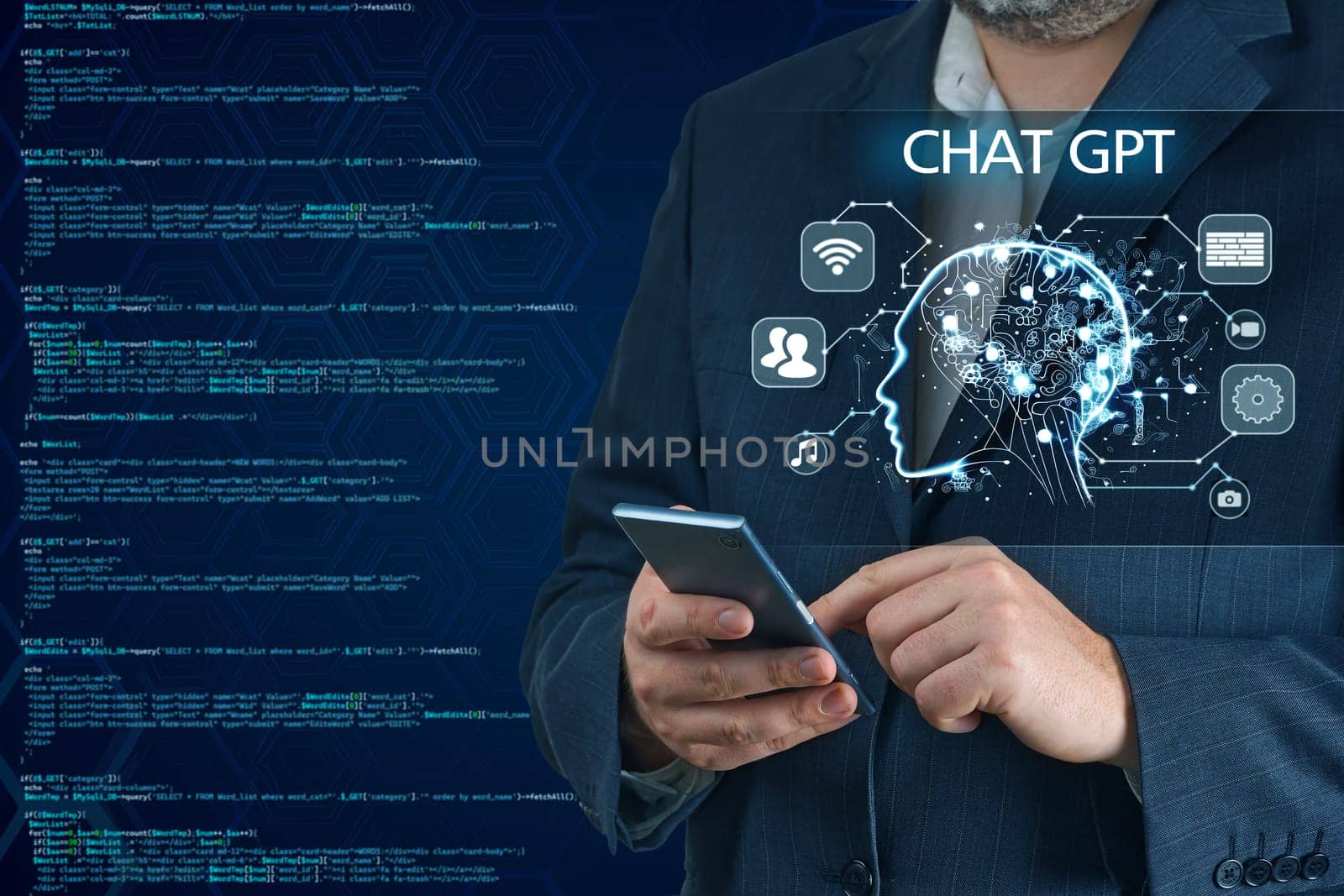Artificial Intelligence in Bot Chat. Businessman using Ai chatbot in his smartphone. by PhotoTime