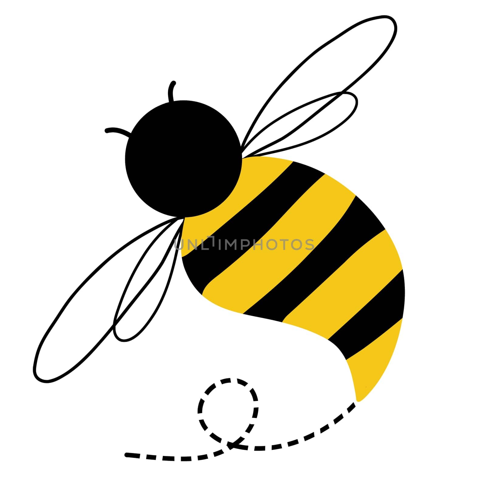 Drawing of bee flying isolated on white background for usage as an illustration, nature decoration and animal concept