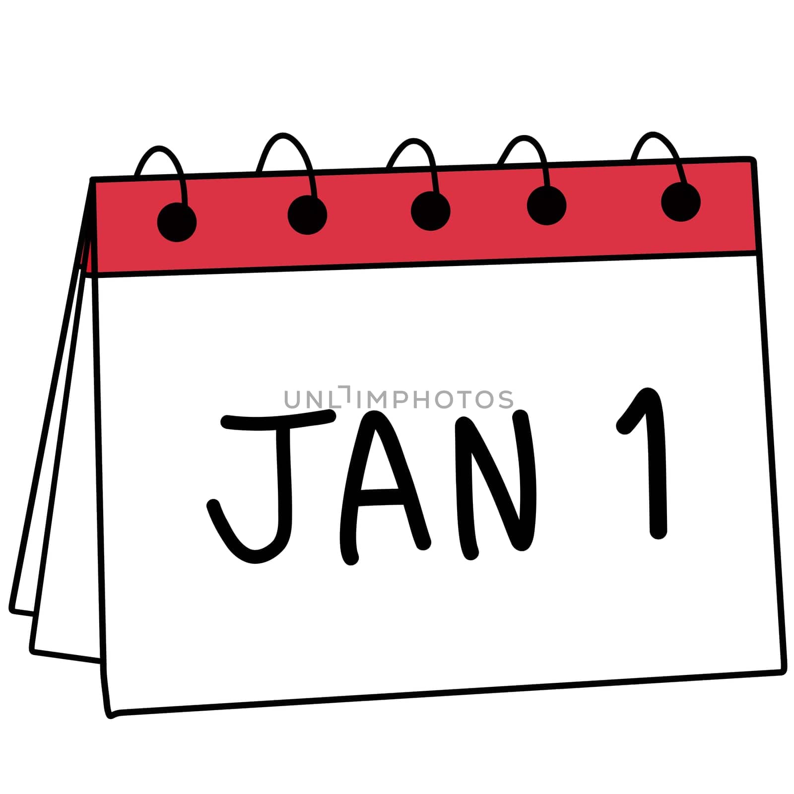 Drawing of calendar of Jan 1st isolated on white background for usage as an illustration and a decorative element