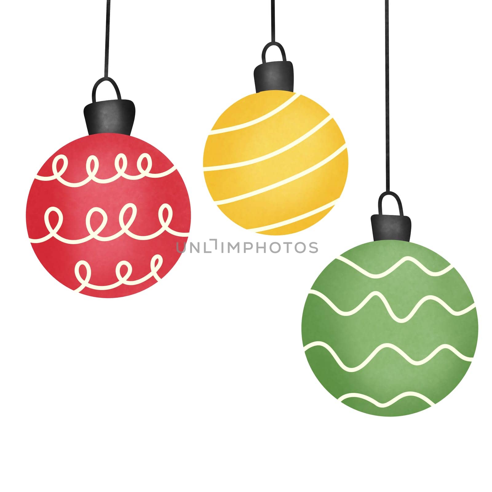 Drawing of Christmas balls isolated on white background for usage as an illustration and holidays decoration concept