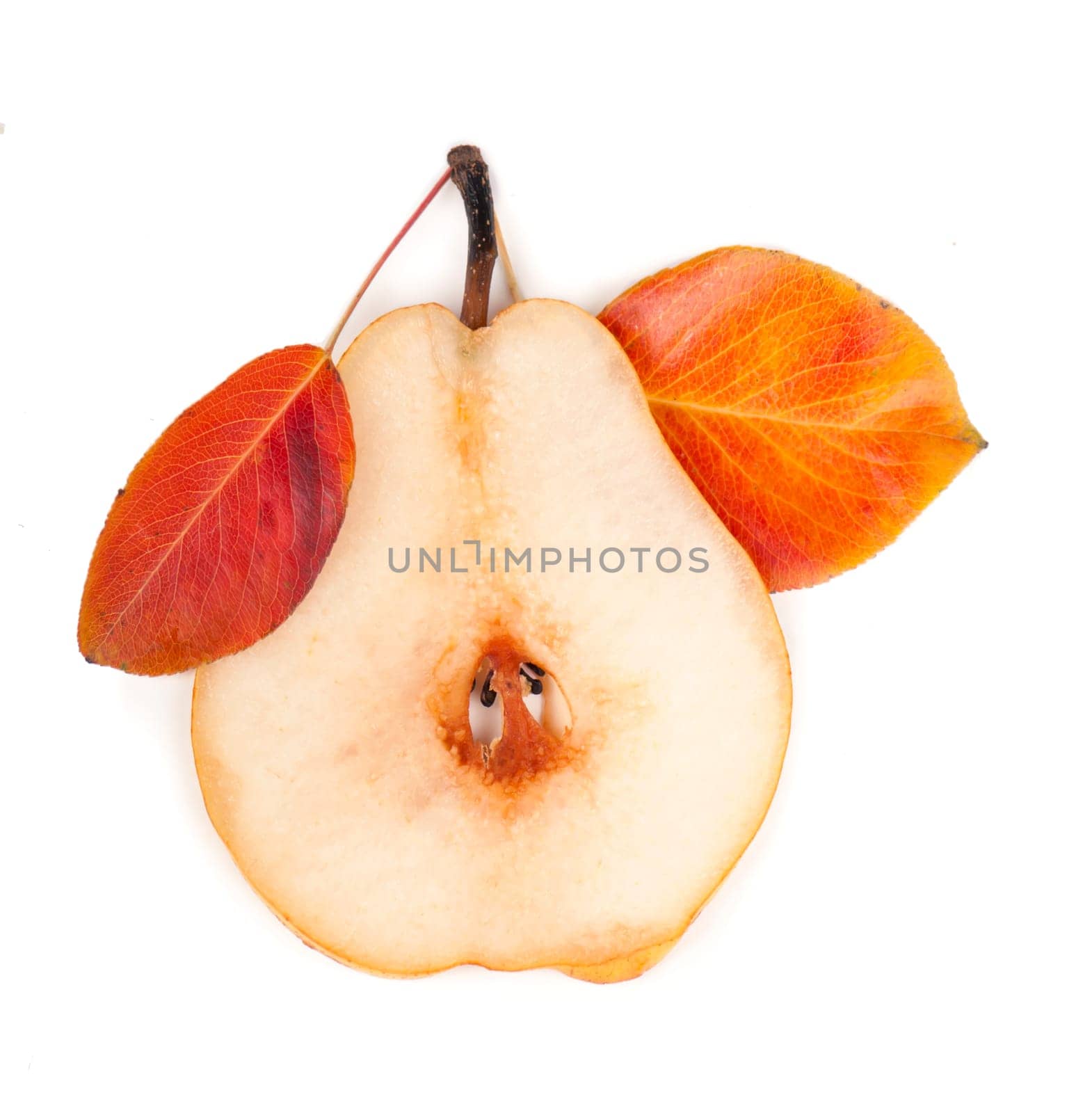 Fresh ripe fruits and slices of pears with leaves isolated on white background by aprilphoto