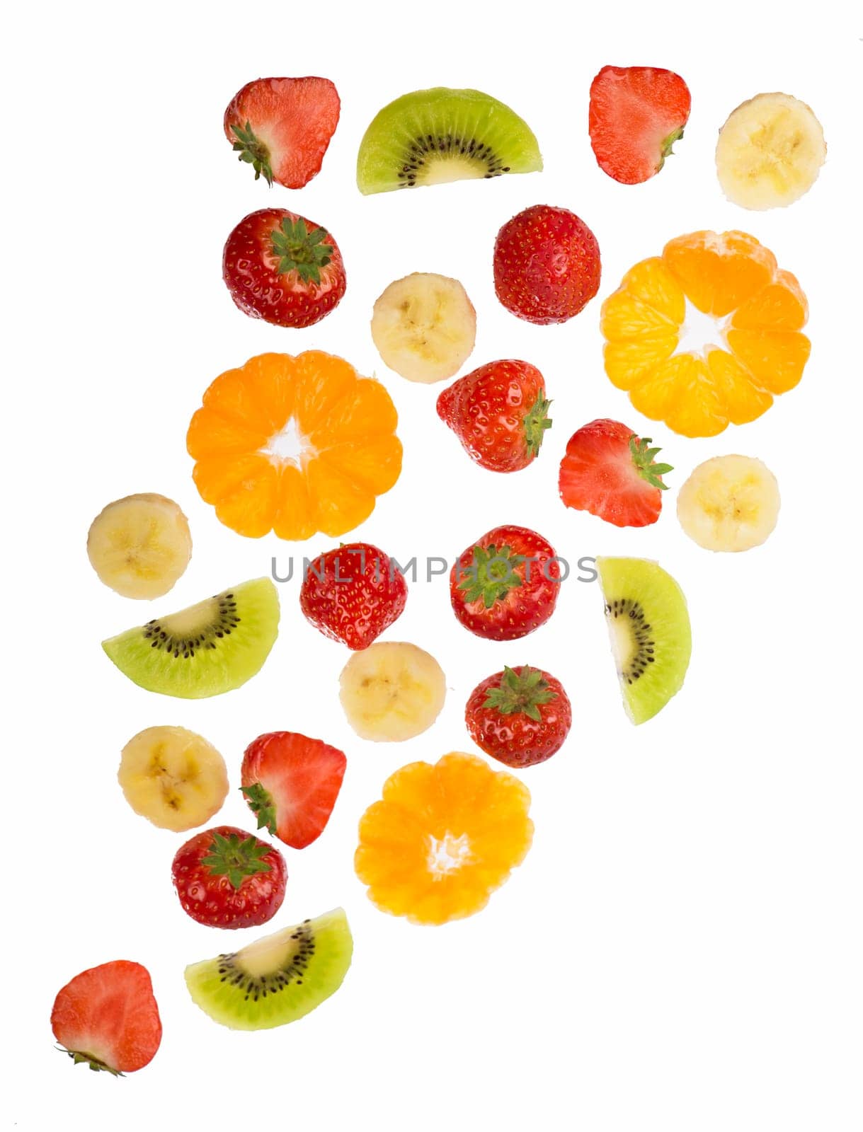 Collection of fruit orange, banana, kiwi, strawberry scattered in slices isolated on white background by aprilphoto