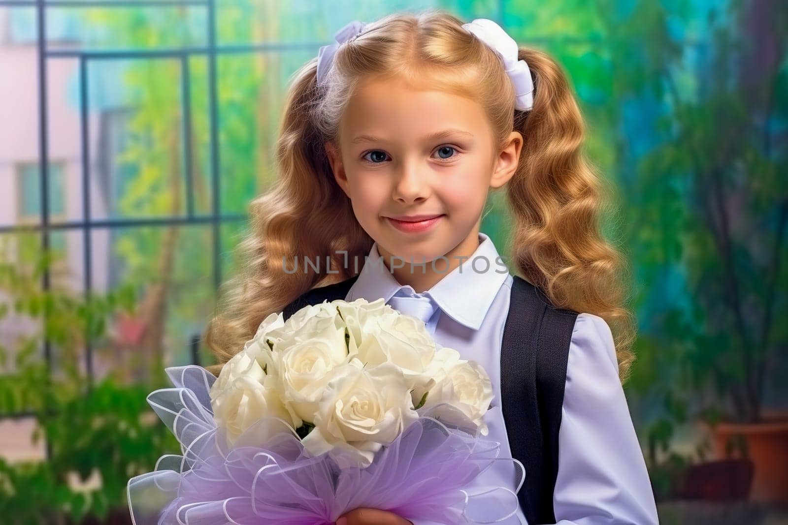 Portrait of a first-grader with a bouquet of flowers. Generative AI. High quality illustration