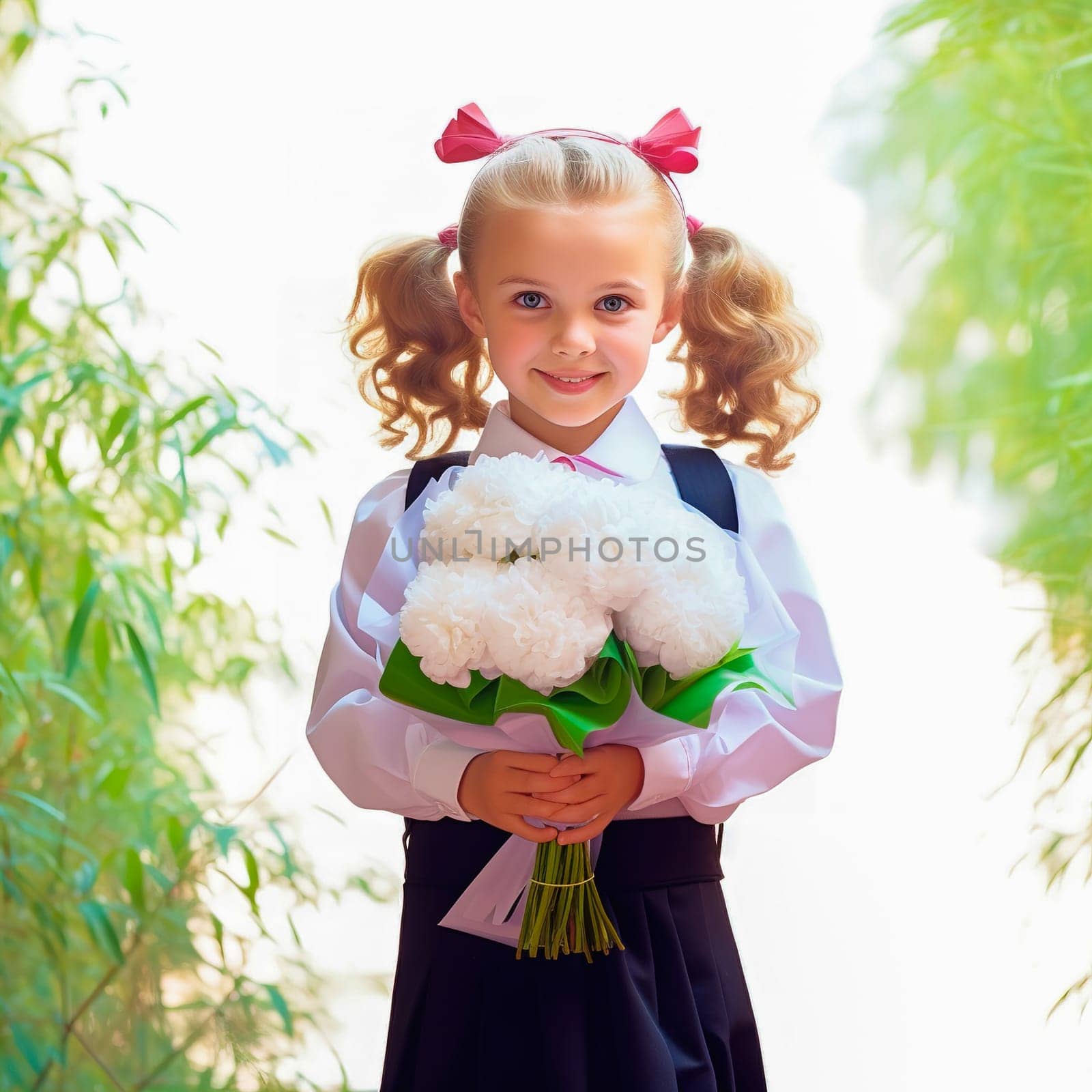 Portrait of a first-grader with a bouquet of flowers. Generative AI. High quality illustration