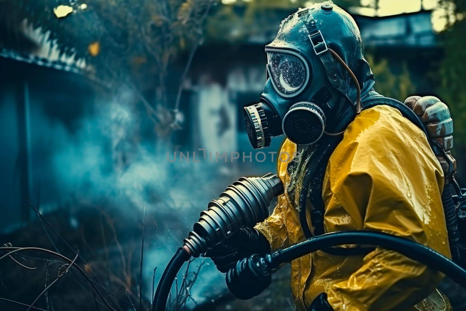 A man in a chemical protection suit against radiation sprays the area. Generative AI. High quality illustration