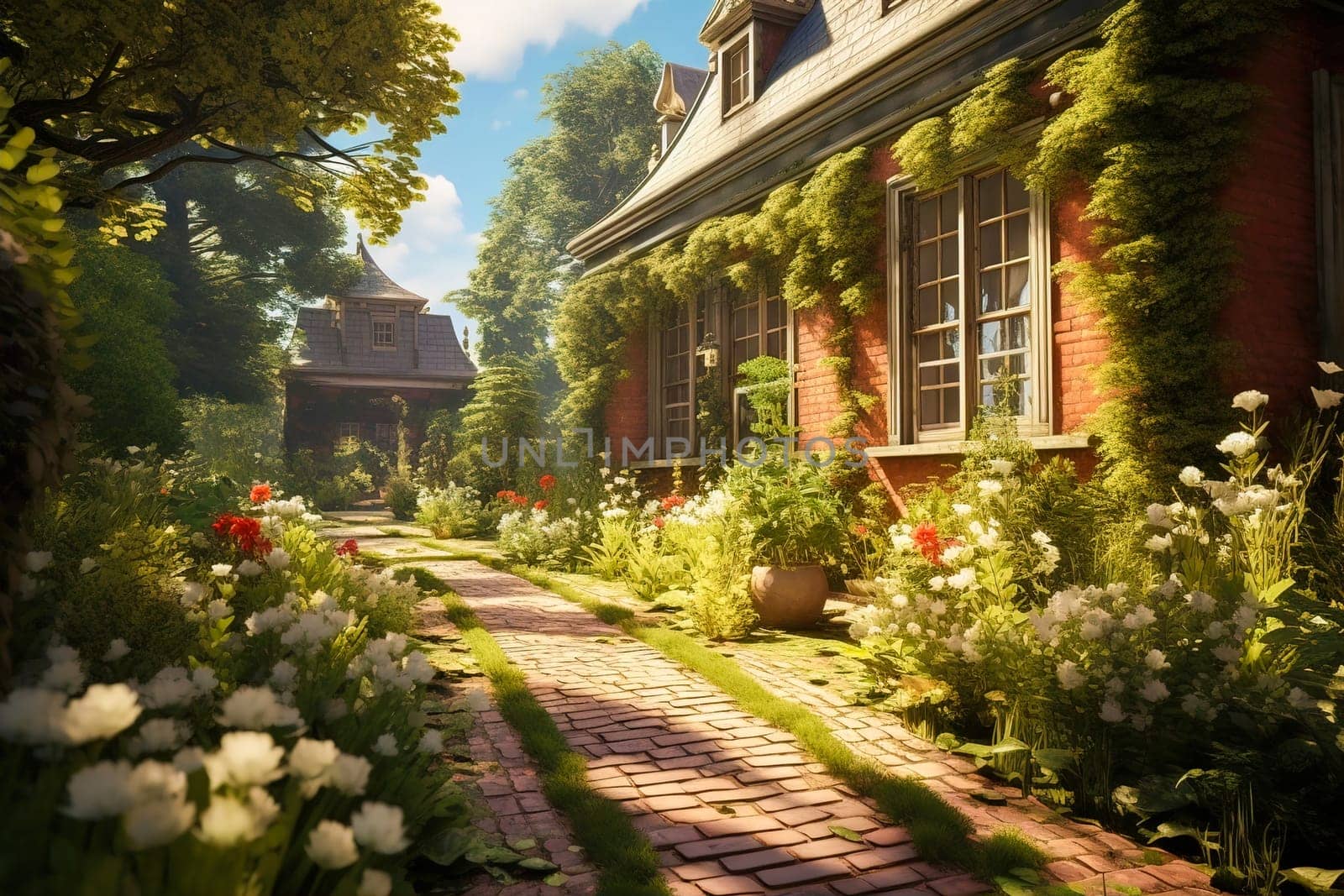Clinker brick path to the house, landscaping. Generative AI. High quality illustration