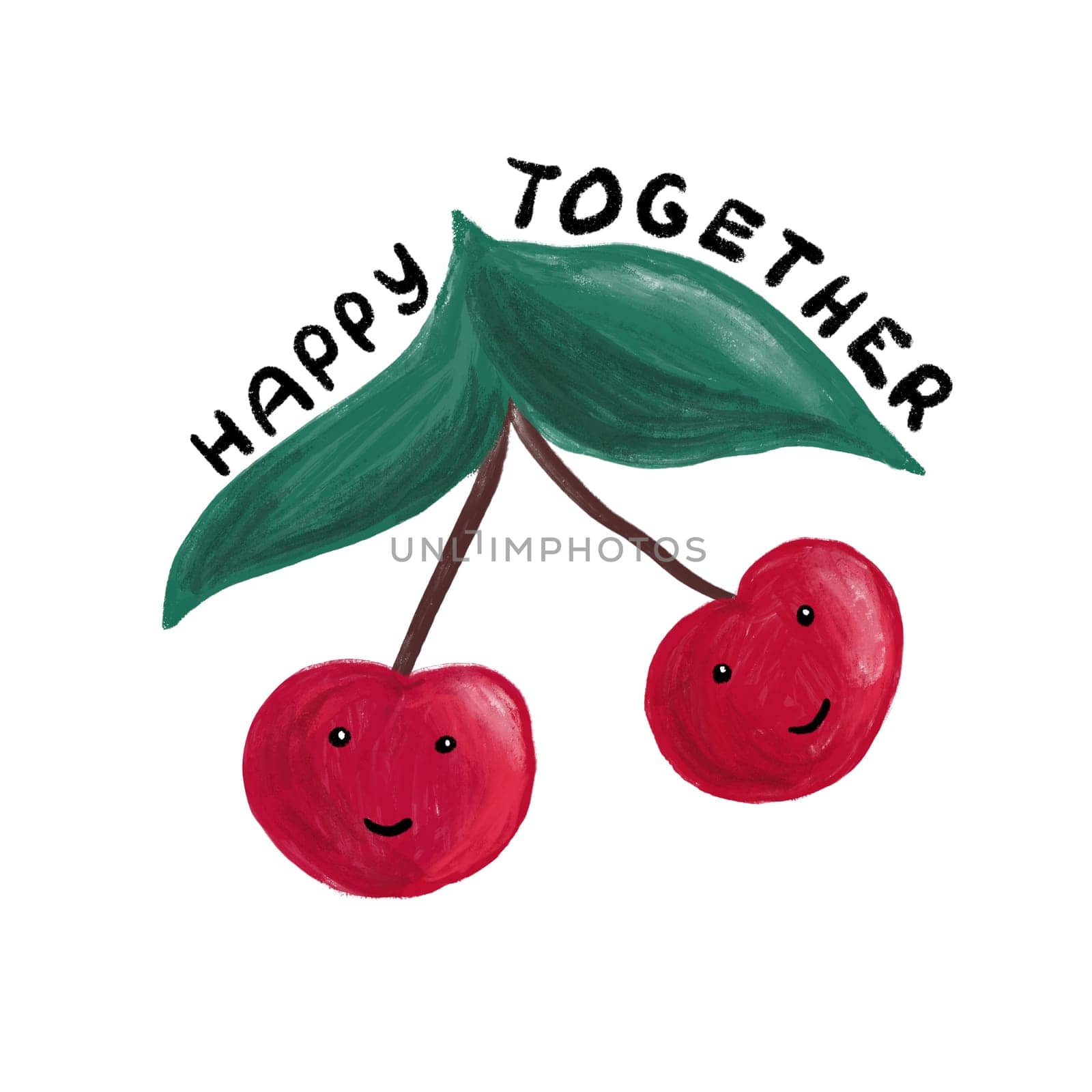 Hand drawn illustration of two red cherru berries happy together. Fruit love friendship couple concept, funny cute kawaii drawing for kids children poster berry summer food. by Lagmar