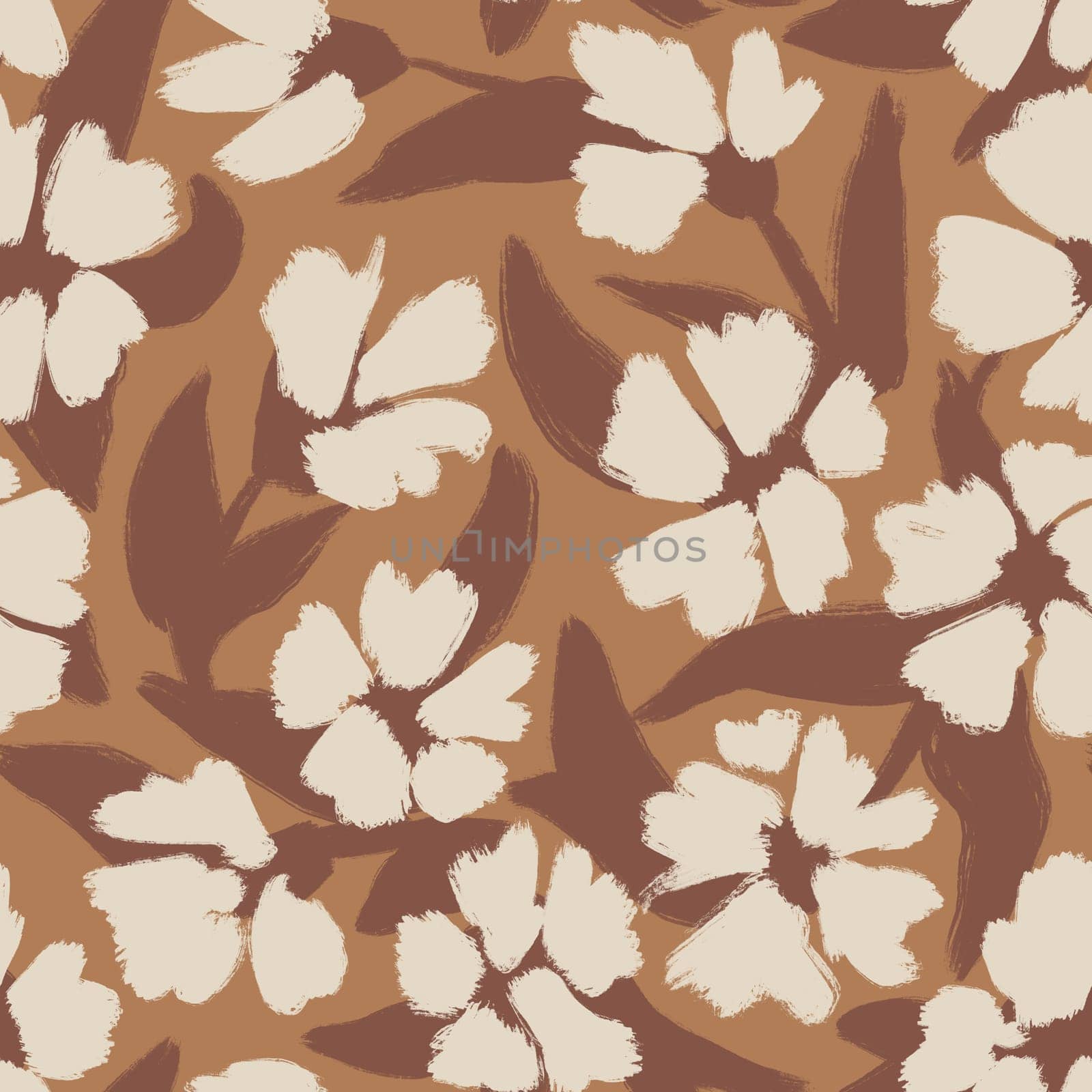 Hand drawn seamless pattern with neutral beige brown shabby chic flower floral elements neutral faded leaves, ditsy summer spring botanical nature print, bloom blossom stylized petals. by Lagmar