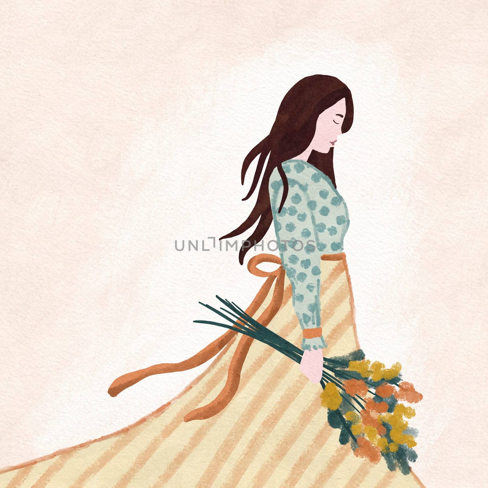 Hand drawn illustration of woman holding flower bouquet in neutral beige green colors. Sad calm looking down female with dark hair, retro vintage card, fashion dress with ribbon, calmly walking