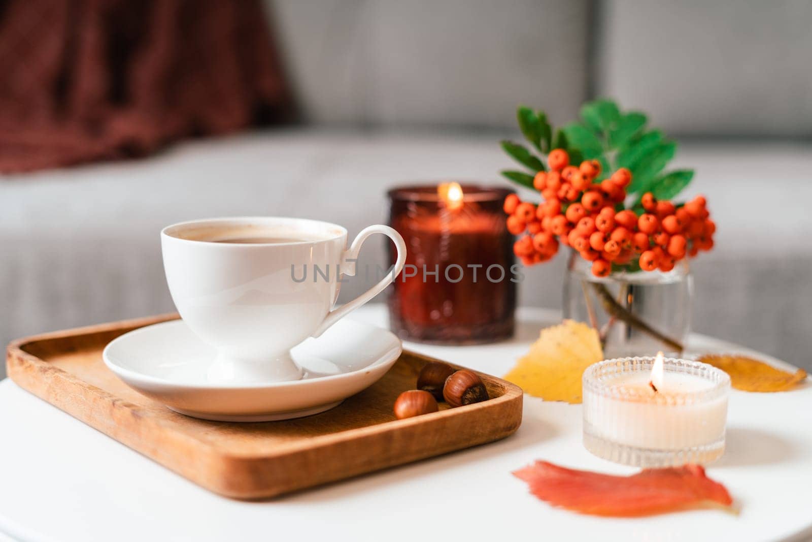 Still life book, candle, rowan berry and a cup of tea or coffee in the living room on a table, home decor in a cozy house. Autumn weekend concept, blanket and plaid. Fallen leaves and home decoration. by Ostanina