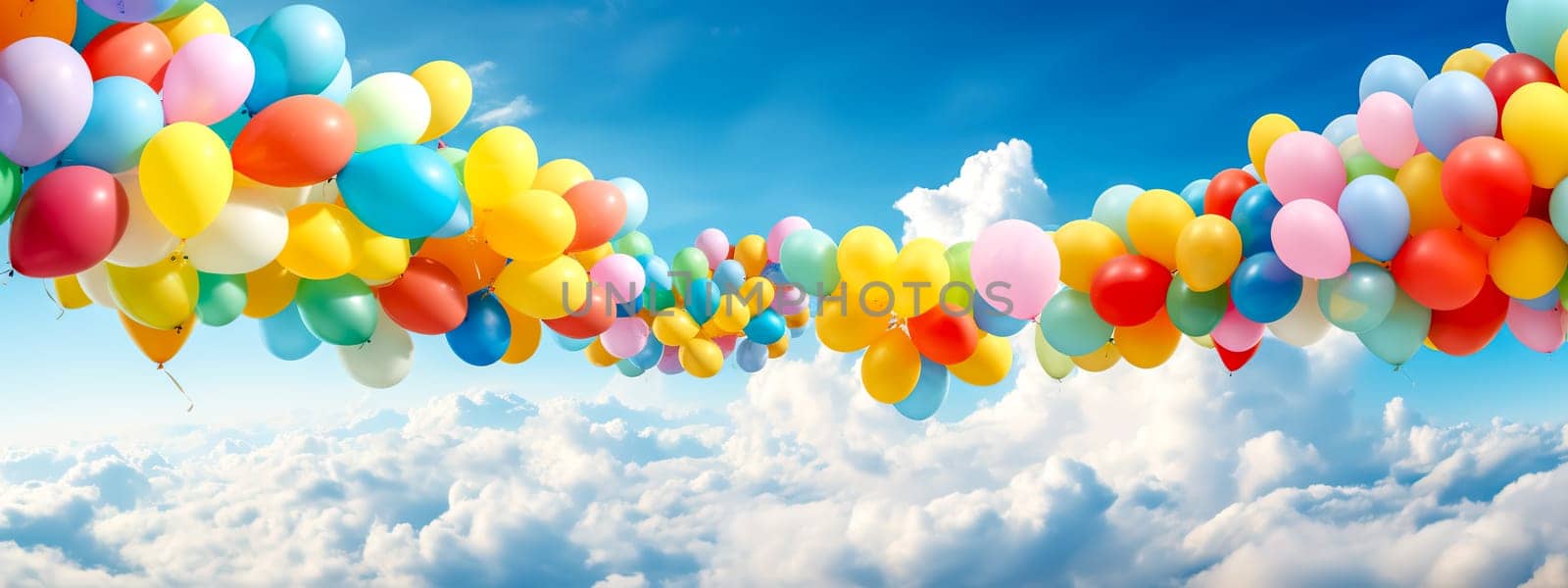 colorful balloons filled with helium in the air on a blue sky, copy space, made with Generative AI. High quality illustration