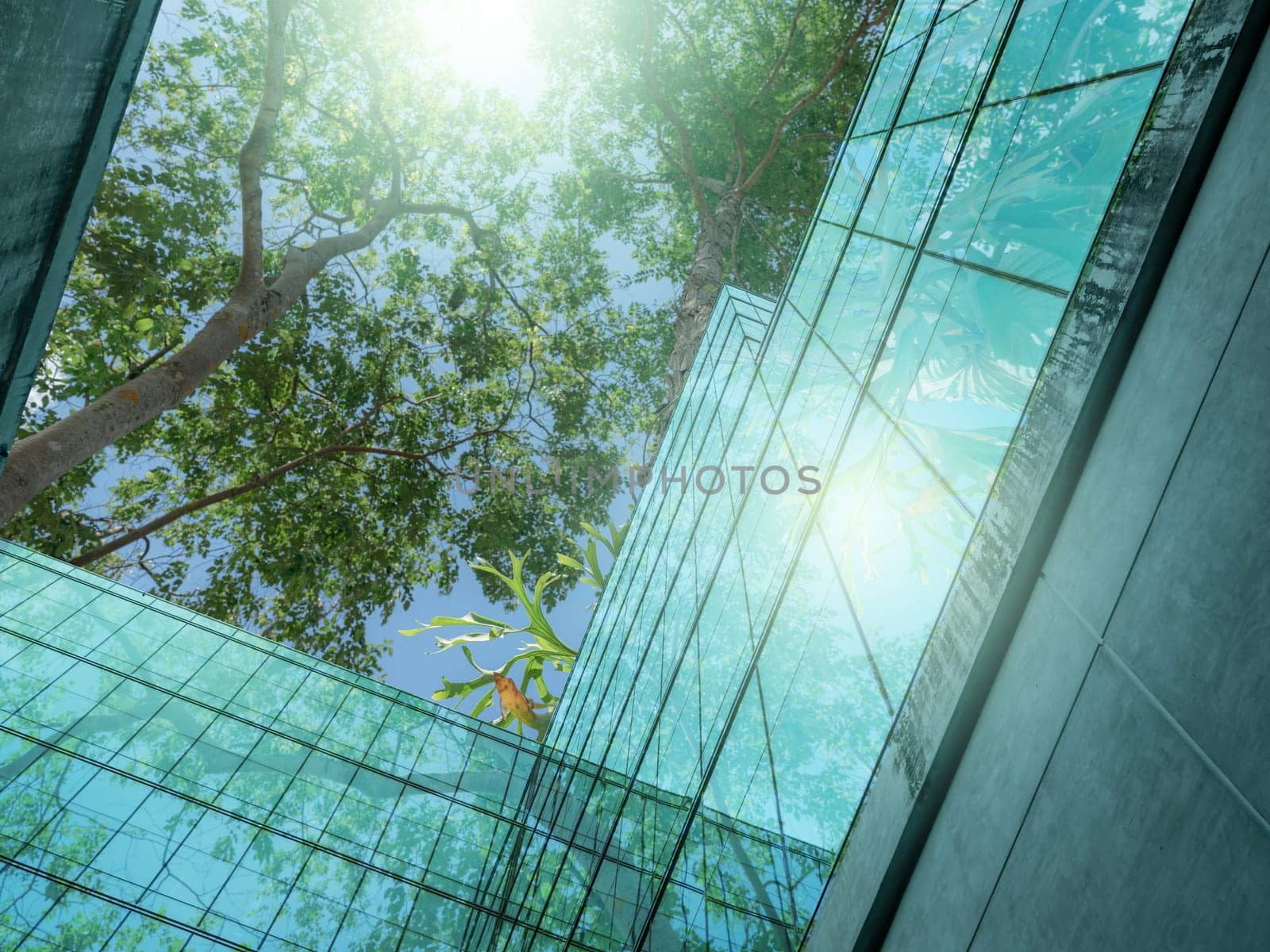 Eco-friendly building in the modern city. Sustainable glass office building with trees for reducing heat and carbon dioxide. Office building with green environment. Corporate building reduce CO2.  by Fahroni