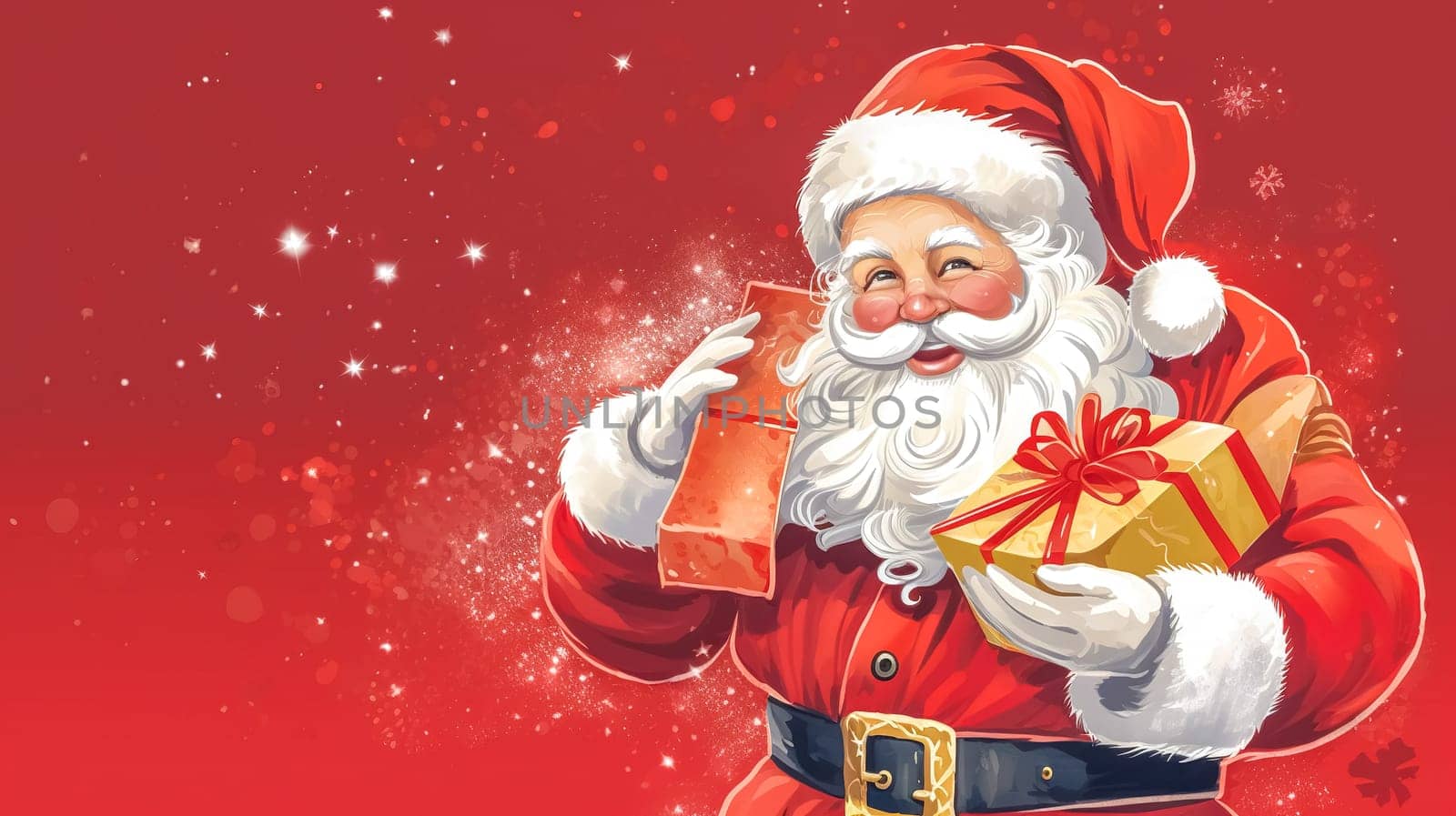Santa Claus prepares gifts for the Christmas holidays, made with Generative AI. High quality illustration
