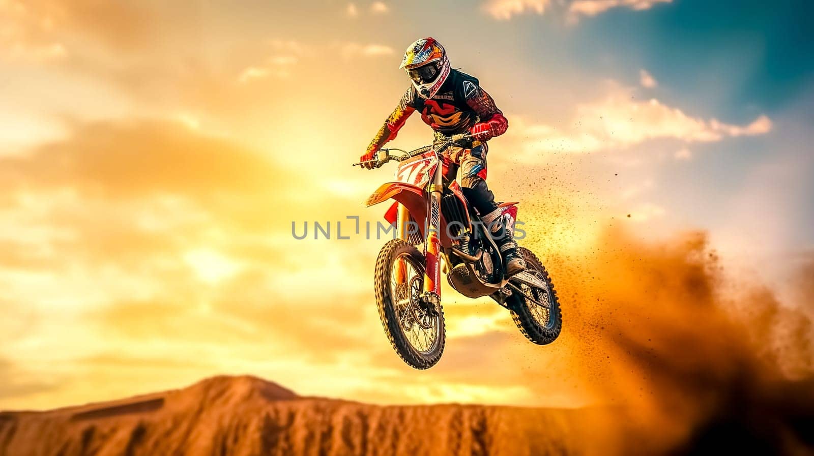 motocross, biker jumps on a dune in the desert on a supercross, made with Generative AI. High quality illustration