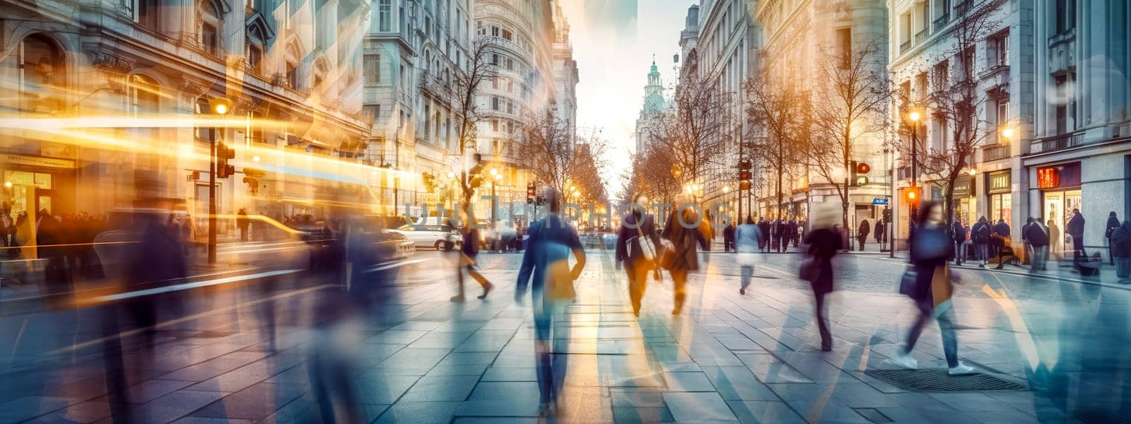 city life, fast lifestyle concept, people in a hurry, blurred motion, banner made with Generative AI by Edophoto