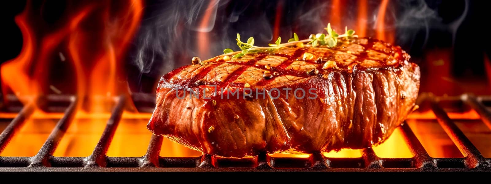 beef steak on the fire of a hot grill, barbecue party, banner made with Generative AI by Edophoto
